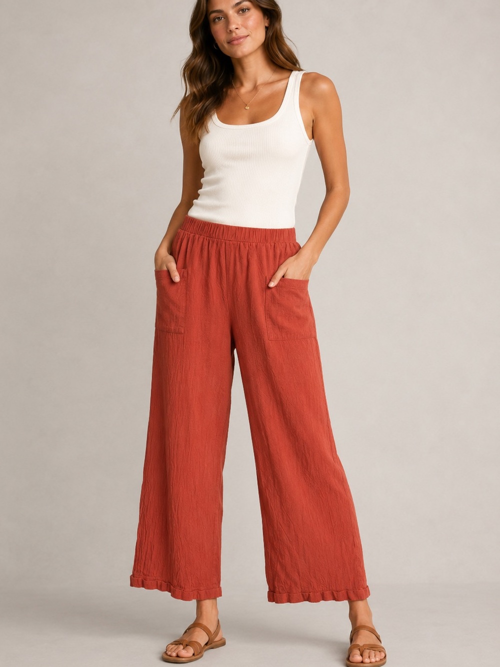 Cropped Elastic-Waist Ankle Pants in Terracotta - Picture 1 of 5